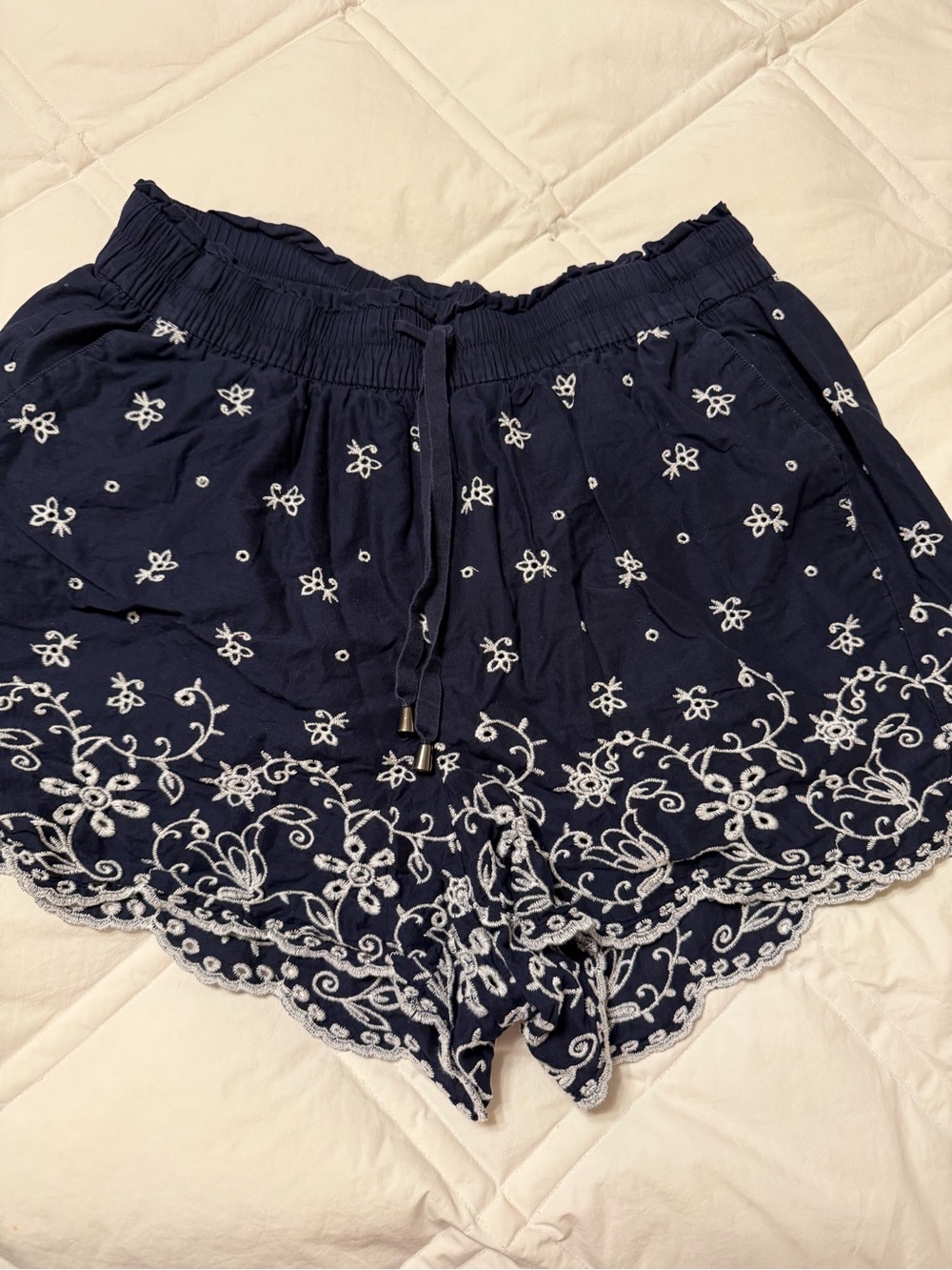 Lane Bryant Navy Blue Embroidered Floral Shorts - Drawstring, Scalloped edges